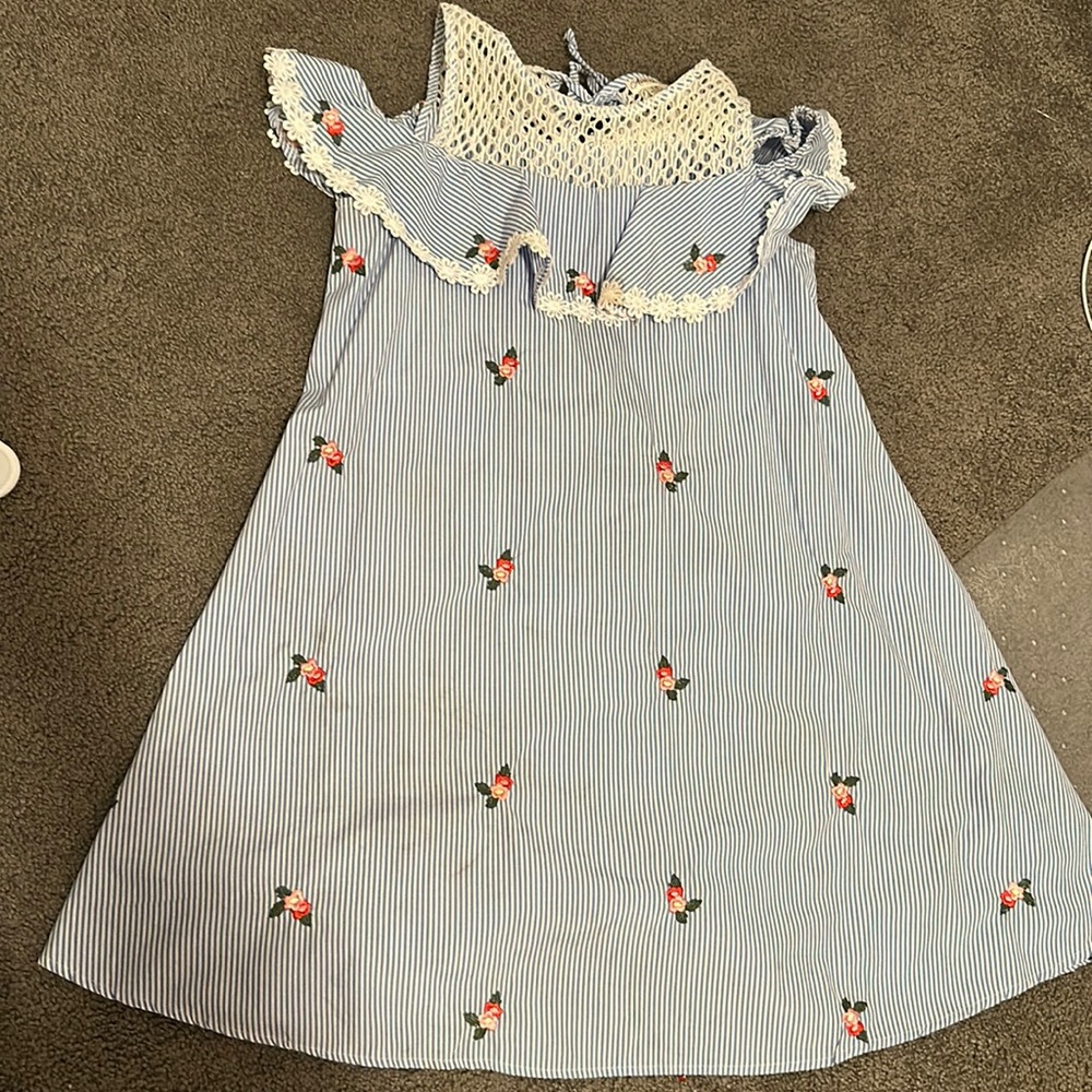 Blue and white floral striped spring dress